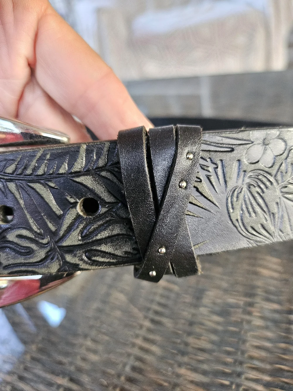 Velez Columbia Tooled Tropical Black Leather Belt with Curved Silver Buckle M
